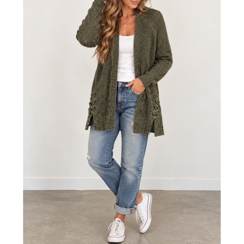 American Eagle S Open Knit Side Lace Up Cardigan Olive Green Boho Cozy Gorpcore